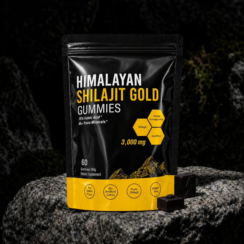 MENRYX Himalayan Shilajit Gold Gummies pouch on a natural rock