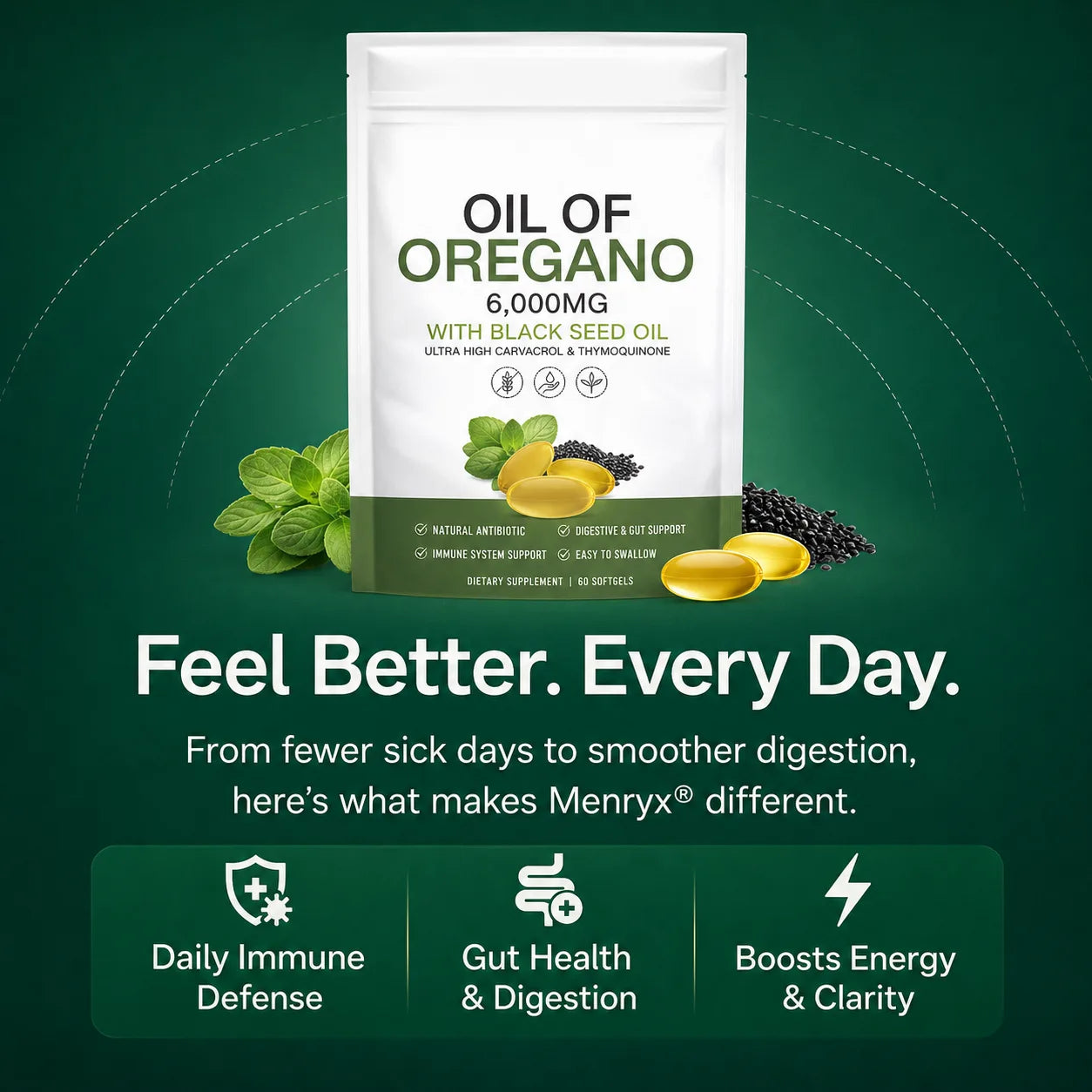 Menryx Oil of Oregano Softgels PDP gallery image with feel better every day immune and wellness benefits
