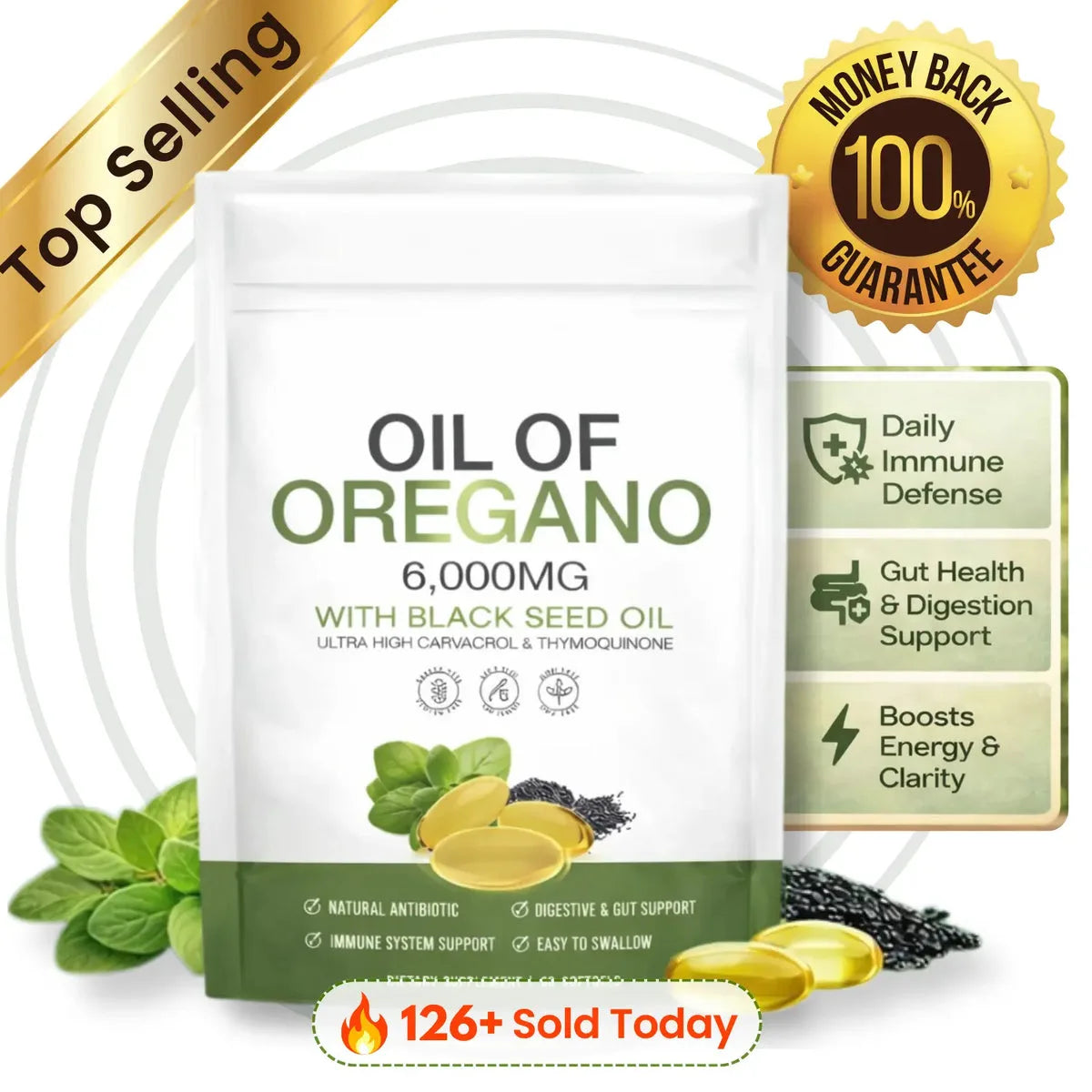 Menryx Oil of Oregano Softgels PDP gallery top selling guarantee image