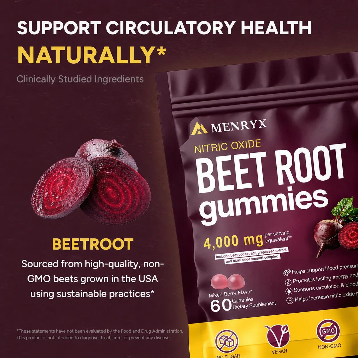Menryx Organic Beetroot Gummies circulation support PDP image