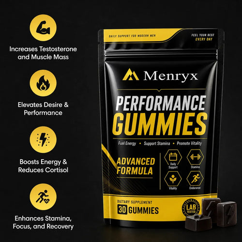 Menryx Performance Gummies customer benefit infographic with pouch, icons, and cubes
