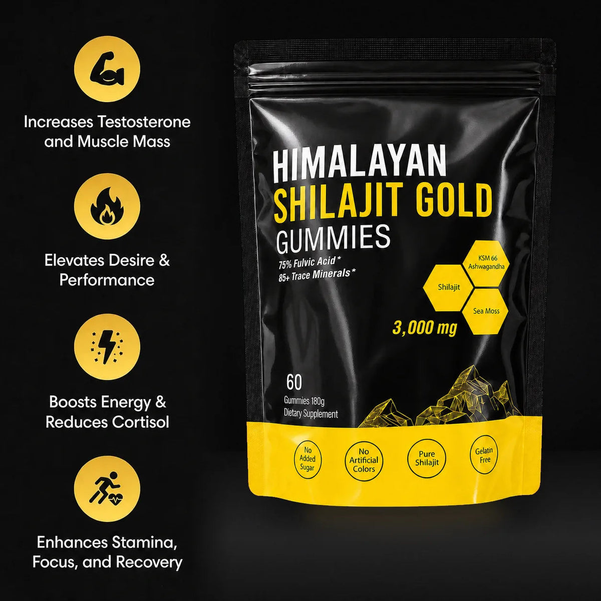 Menryx Himalayan Shilajit Gold Gummies pouch with benefit icons