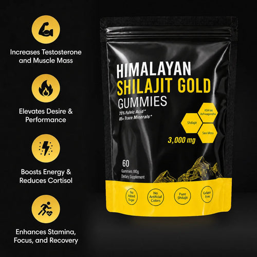 Menryx Himalayan Shilajit Gold Gummies pouch with benefit icons