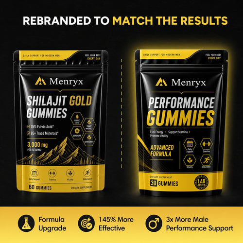 Menryx Performance Gummies rebranded formula comparison with gold gummies pouch and performance pouch