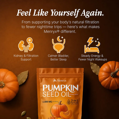 Menryx Pumpkin Seed Oil Softgels gallery image showing filtration, bladder, and nighttime support benefits