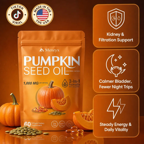 Menryx Pumpkin Seed Oil Softgels product gallery image with kidney filtration, bladder comfort, and daily vitality benefits