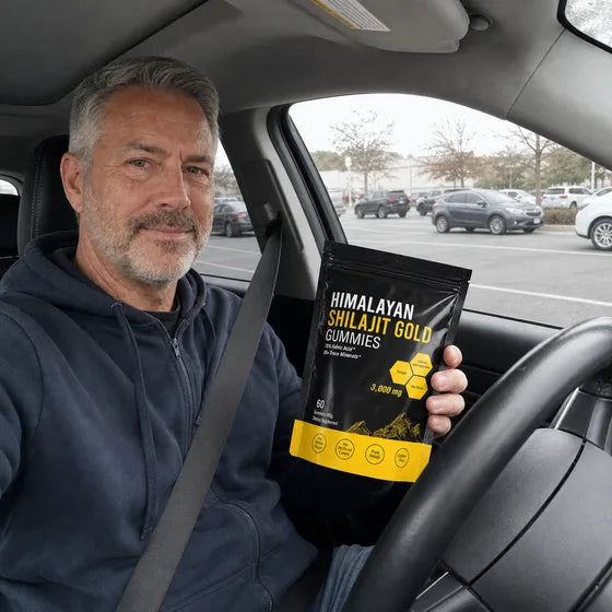 Customer holding MENRYX Himalayan Shilajit Gold Gummies in a parked car