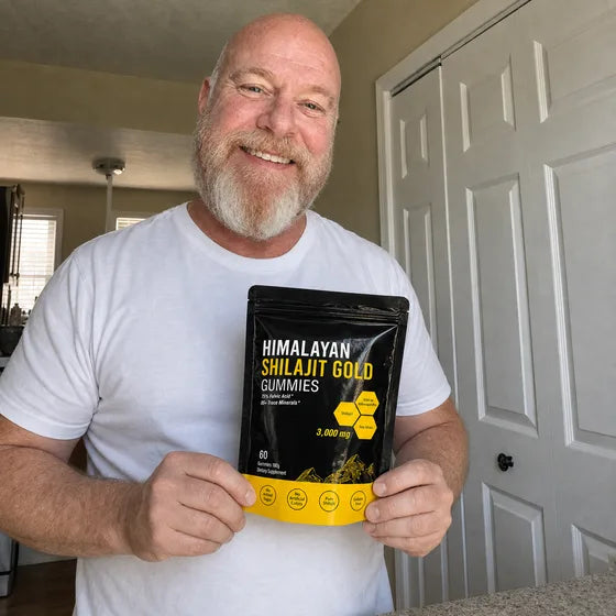 Senior customer holding MENRYX Himalayan Shilajit Gold Gummies at home