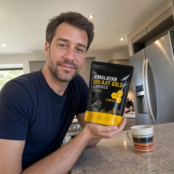 Customer holding MENRYX Himalayan Shilajit Gold Gummies in a kitchen