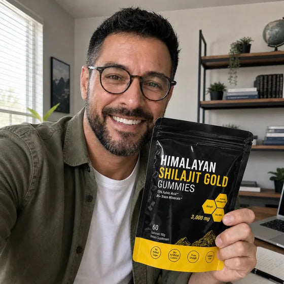 Customer with MENRYX Himalayan Shilajit Gold Gummies in a home office