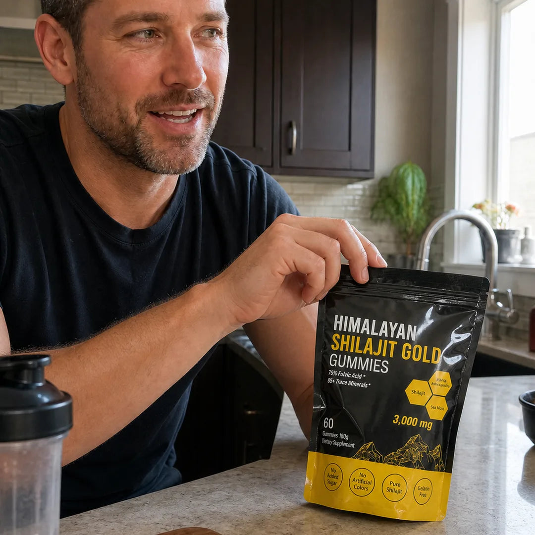 Customer holding Menryx Himalayan Shilajit Gold Gummies in a kitchen